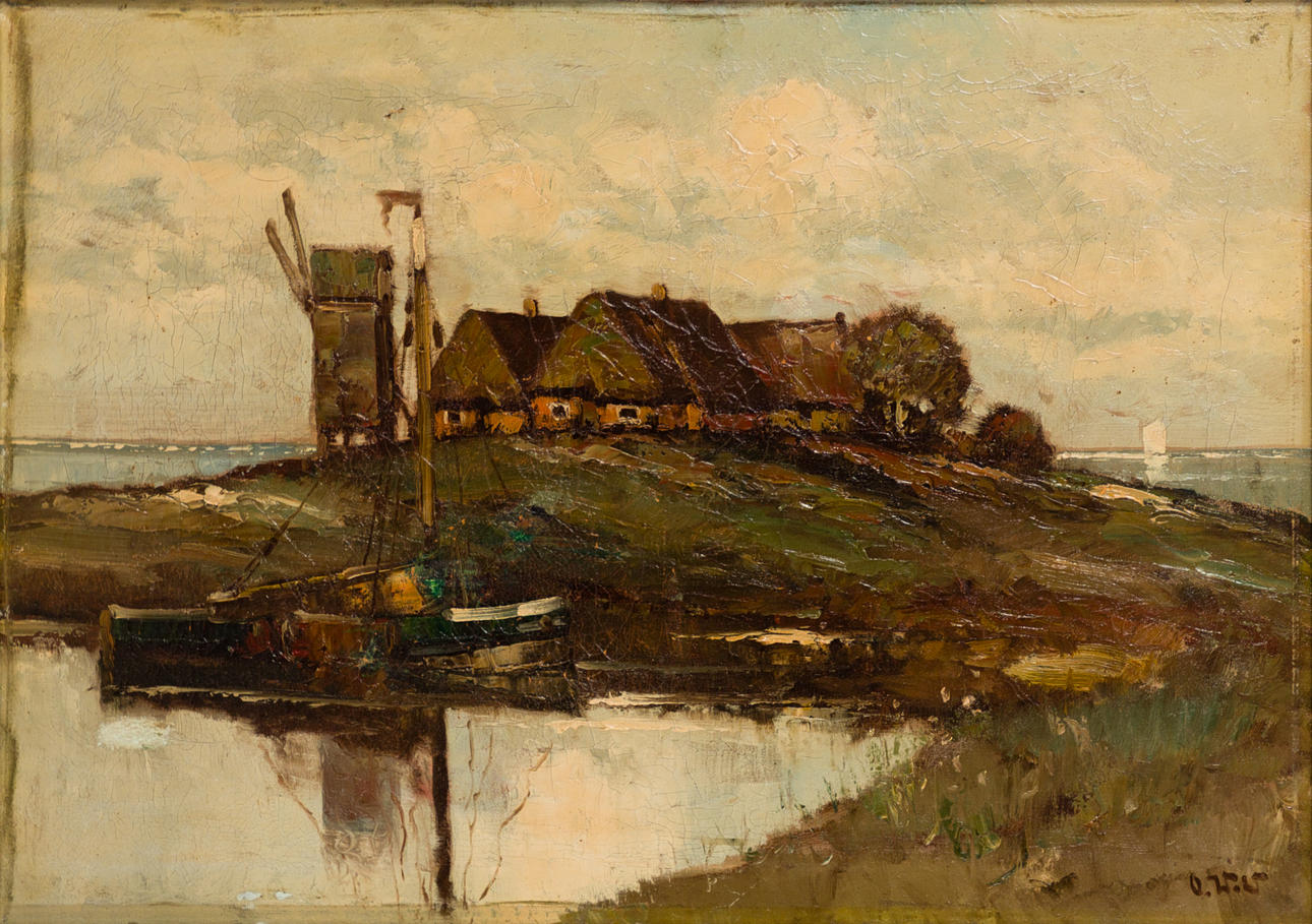 OTTO WILD (1898-1971). Ketelswarf on Hallig Langeneß with block mill.