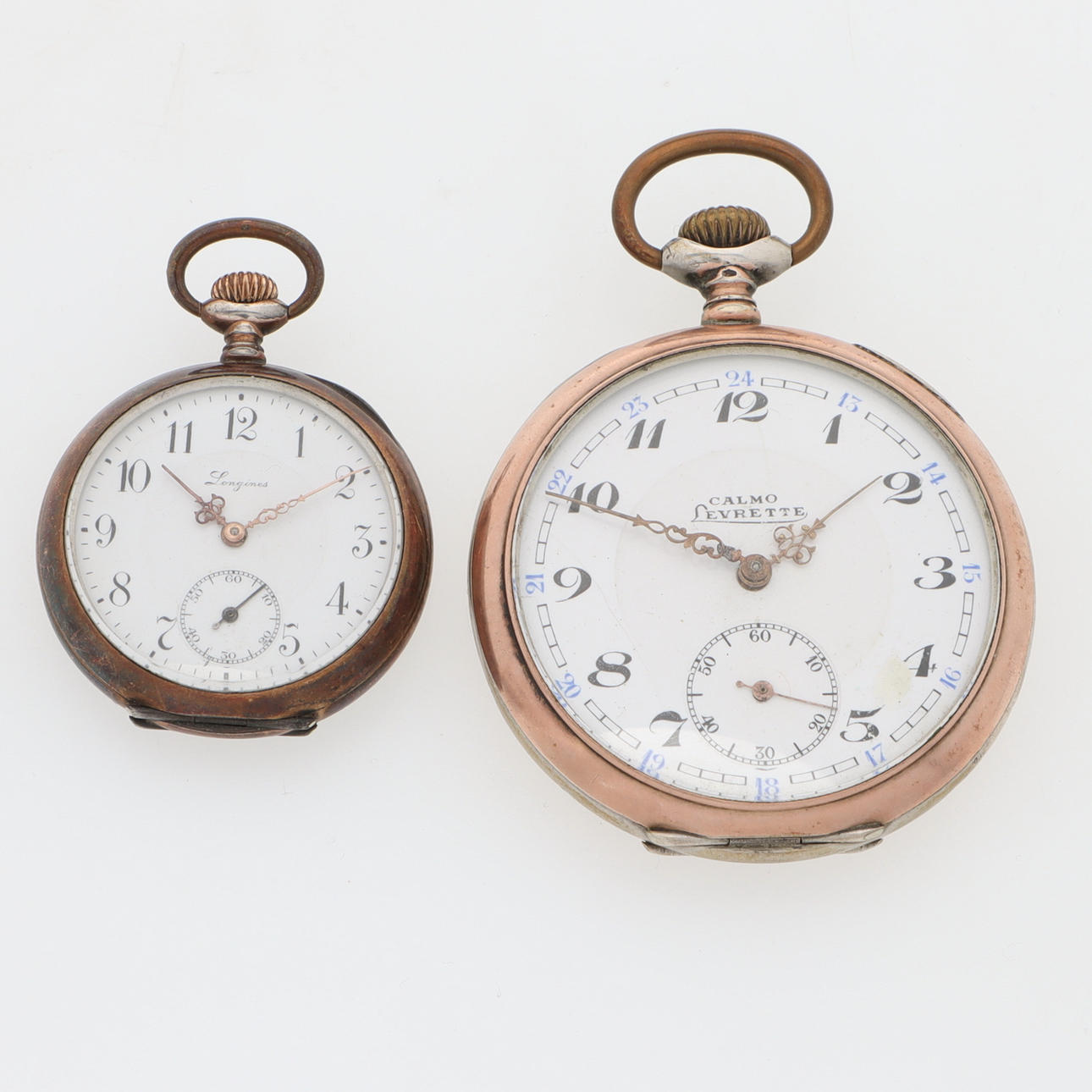 2 pocket watch, silver outer case, Calmo Levrettoé & Longines.