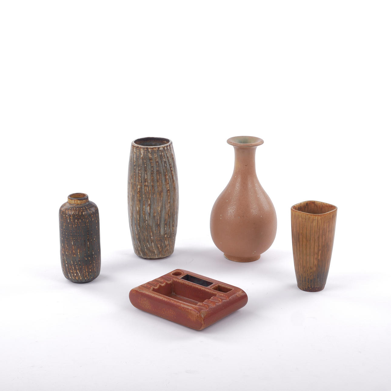 GUNNAR NYLUND. 5 stoneware vases and match holders, Rörstrand.