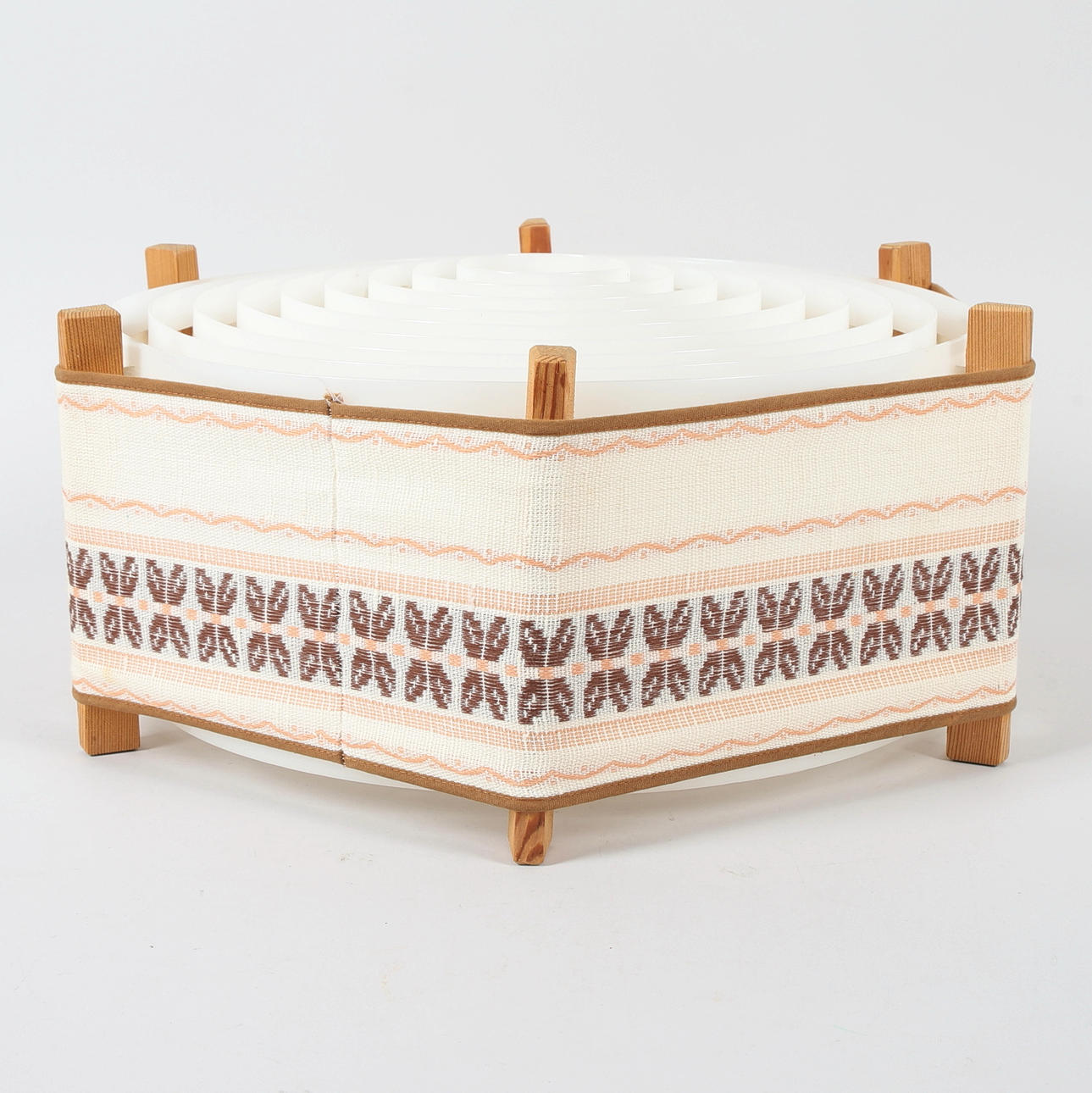 A lamp shade, pine, textile and plastic, 1960/70s.