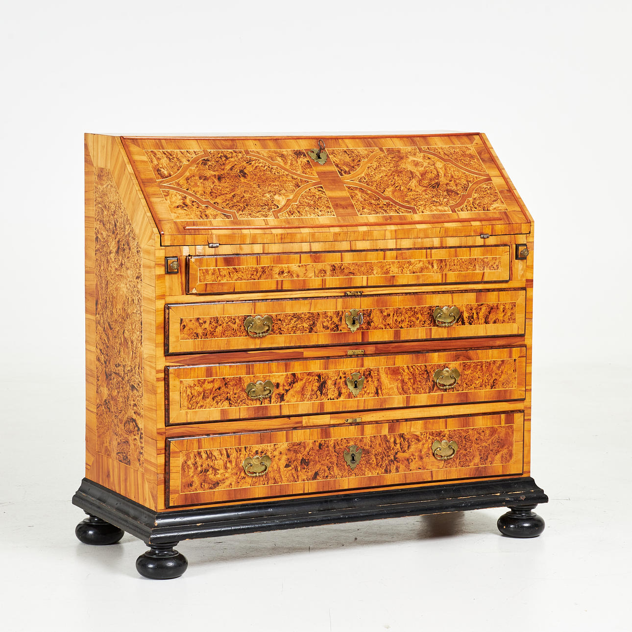 SECRETARY. Late Baroque, veneered in alrot, elm and fruit wood, brass ...