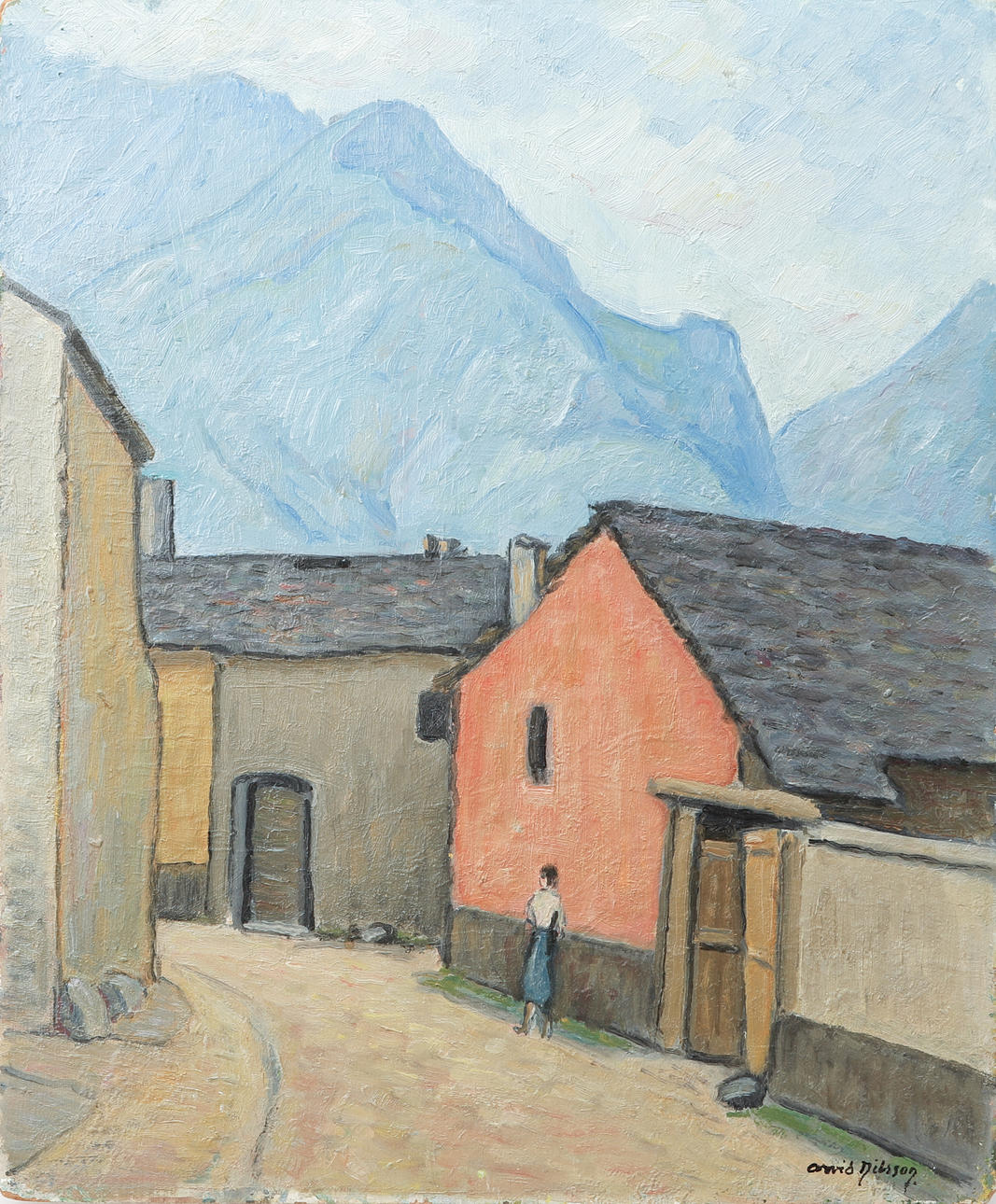 ARVID NILSSON. Bergsby, oil on panel, signed.