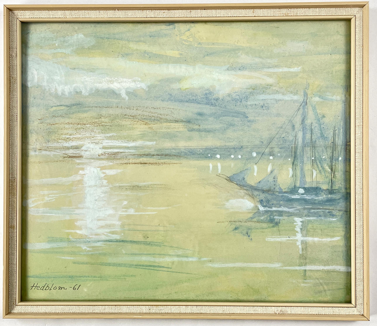 FRANS HEDBLOM (1883—1973), mixed media, sailing ship in soft sunlight, signed Hedblom and dated -61-.