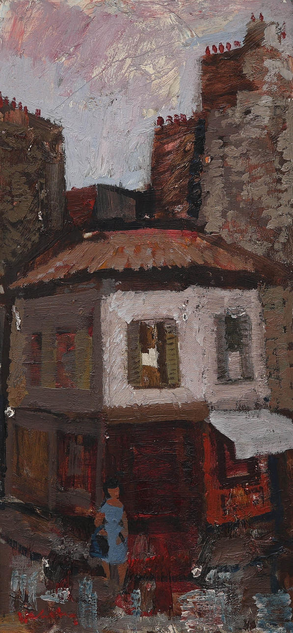 BERTIL WAHLBERG. oil on panel, urban environment, signed.