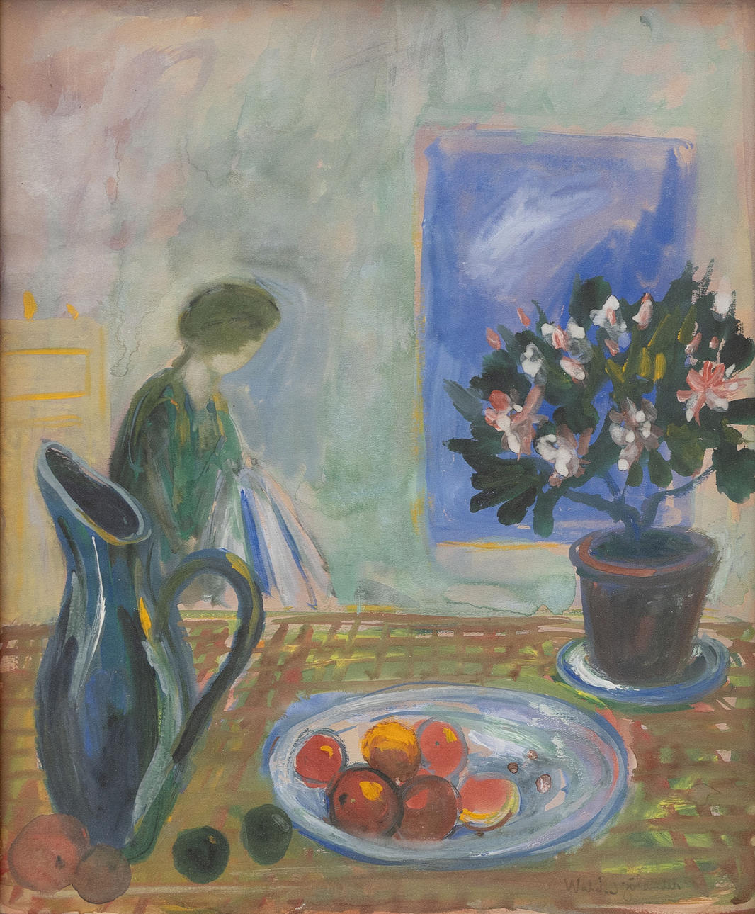 WALDEMAR SJÖLANDER. Interior, gouache, signed.