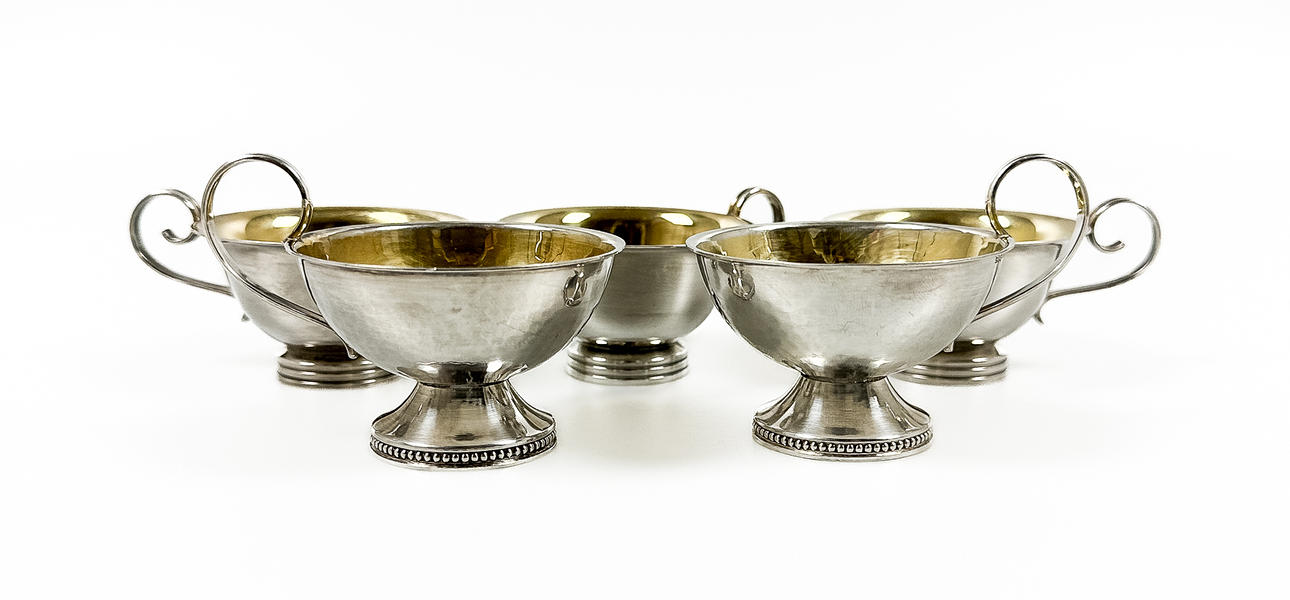 A set of 5 sets of 3 silver soup cups, 1961.
