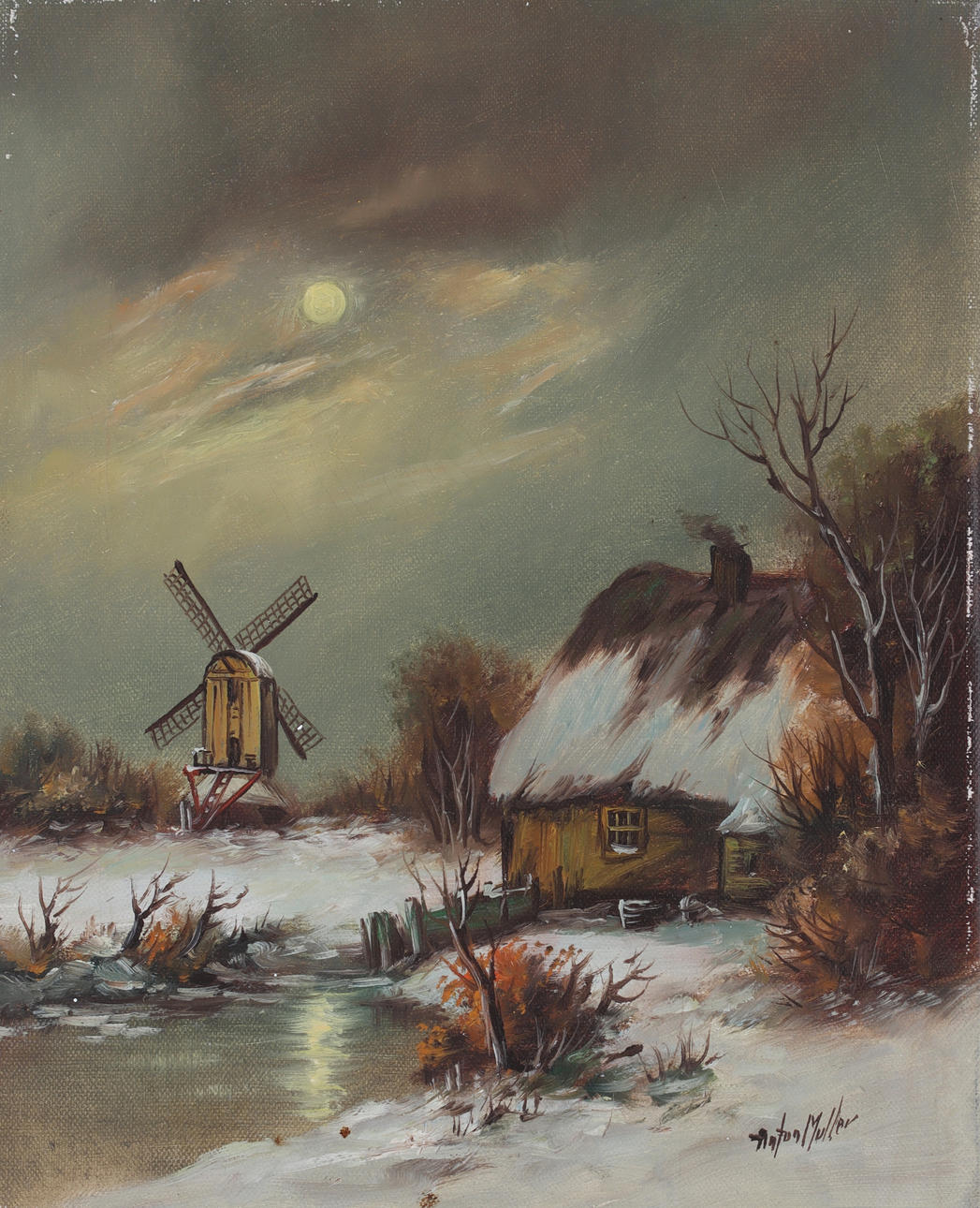 ANTON MULLER. Winter landscape with windmill, oil on canvas, signed.