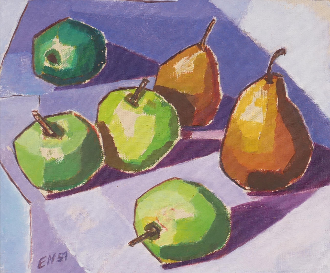 OIDENTIFIERAD KONSTNÄR. Bodegón de frutas, aceite, firmado EN57.