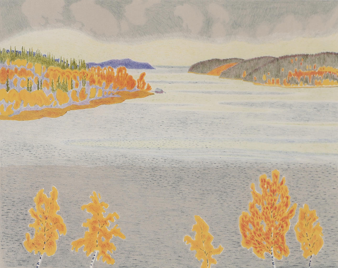 IVAN BERGDAHL. Autumn landscape with lake, color lithograph, signed.