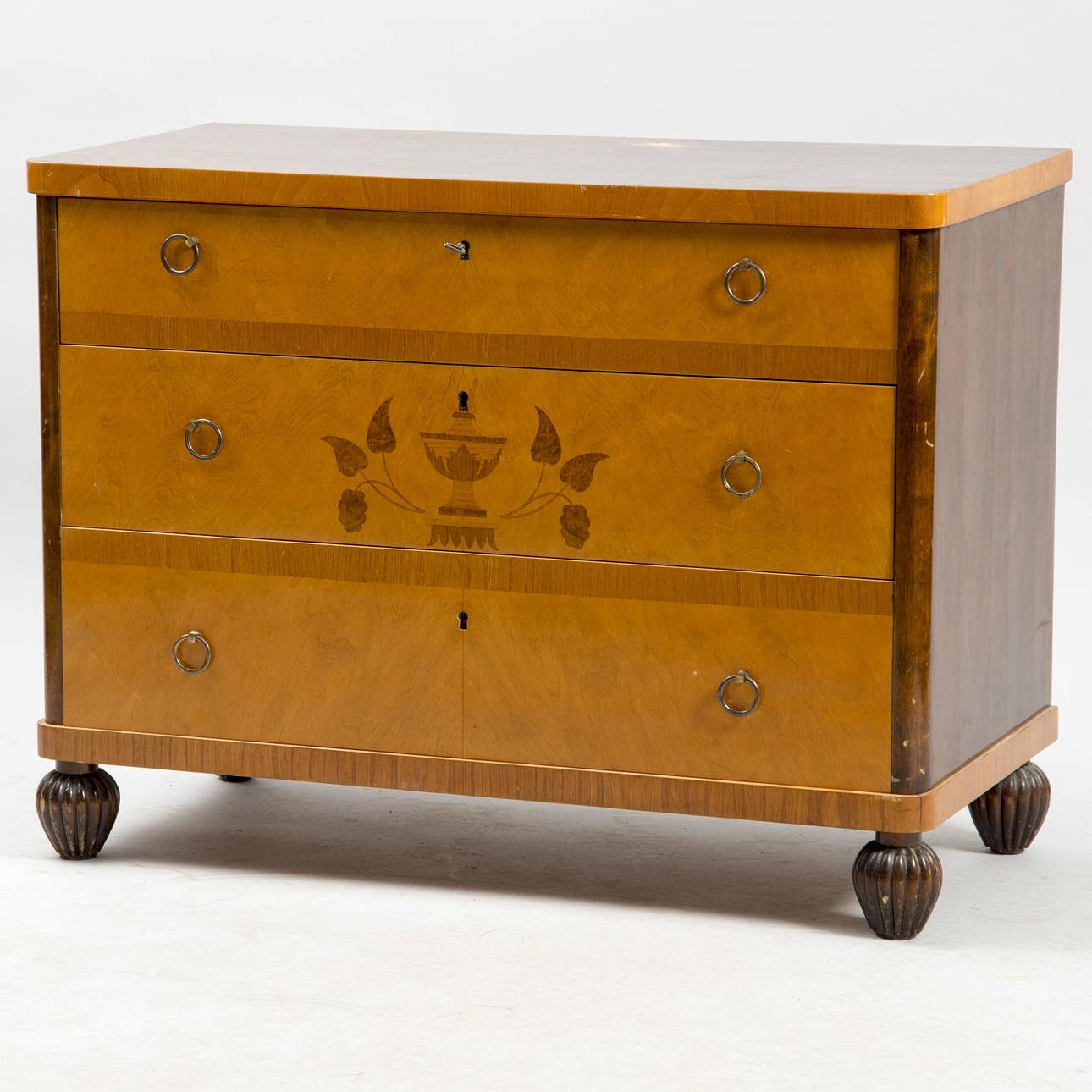 BYRÅ, 3-lådig, björk med intarsia, Art Deco.