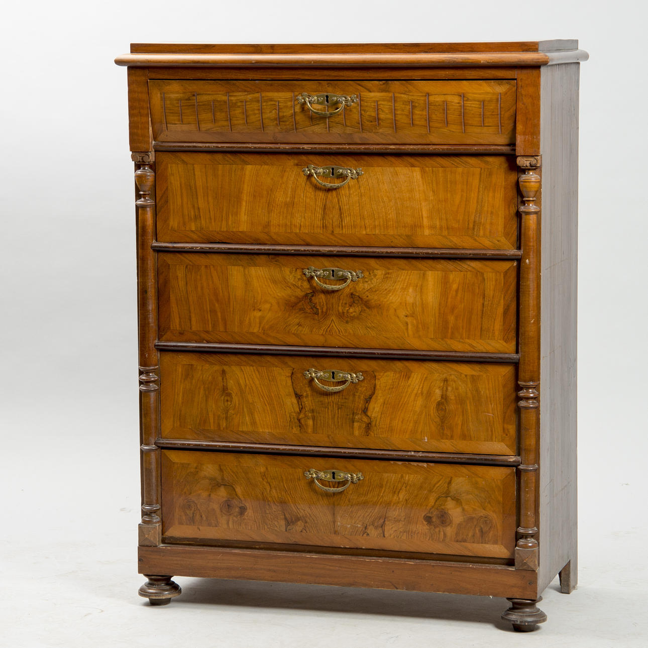 BYRÅ, 5-lådig, mahogny/fur, nyrenässans.