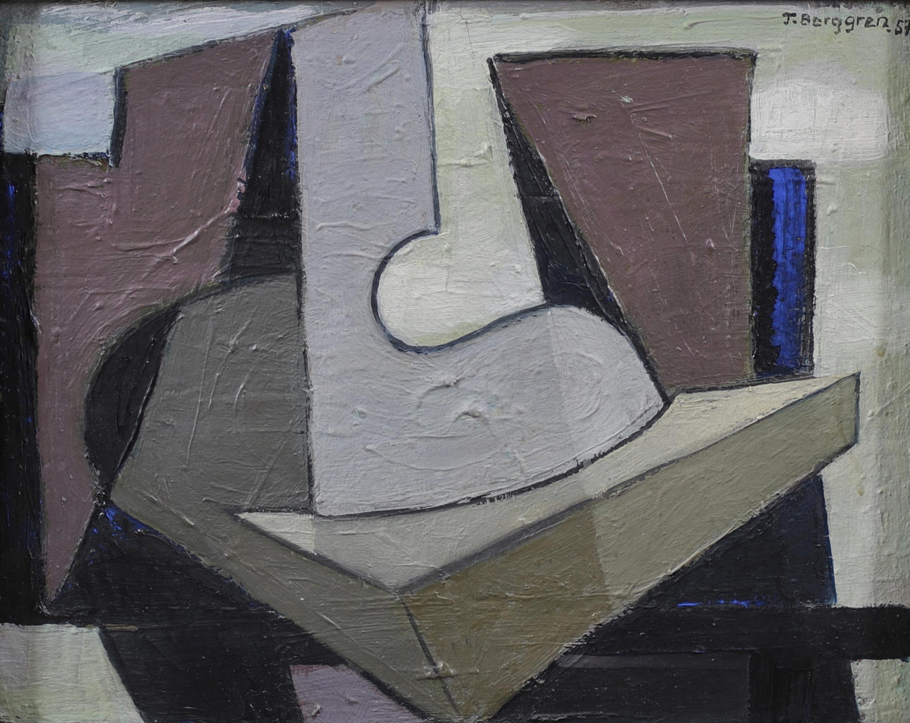 OIDENTIFIERAD KONSTNÄR. Composition, oil on panel, signed T. Berggren and dated 57.