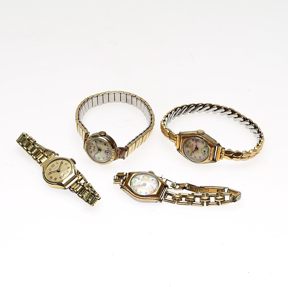 DAMARMBANDSUR, 4 st, guld på stål och double, 1900-tal.