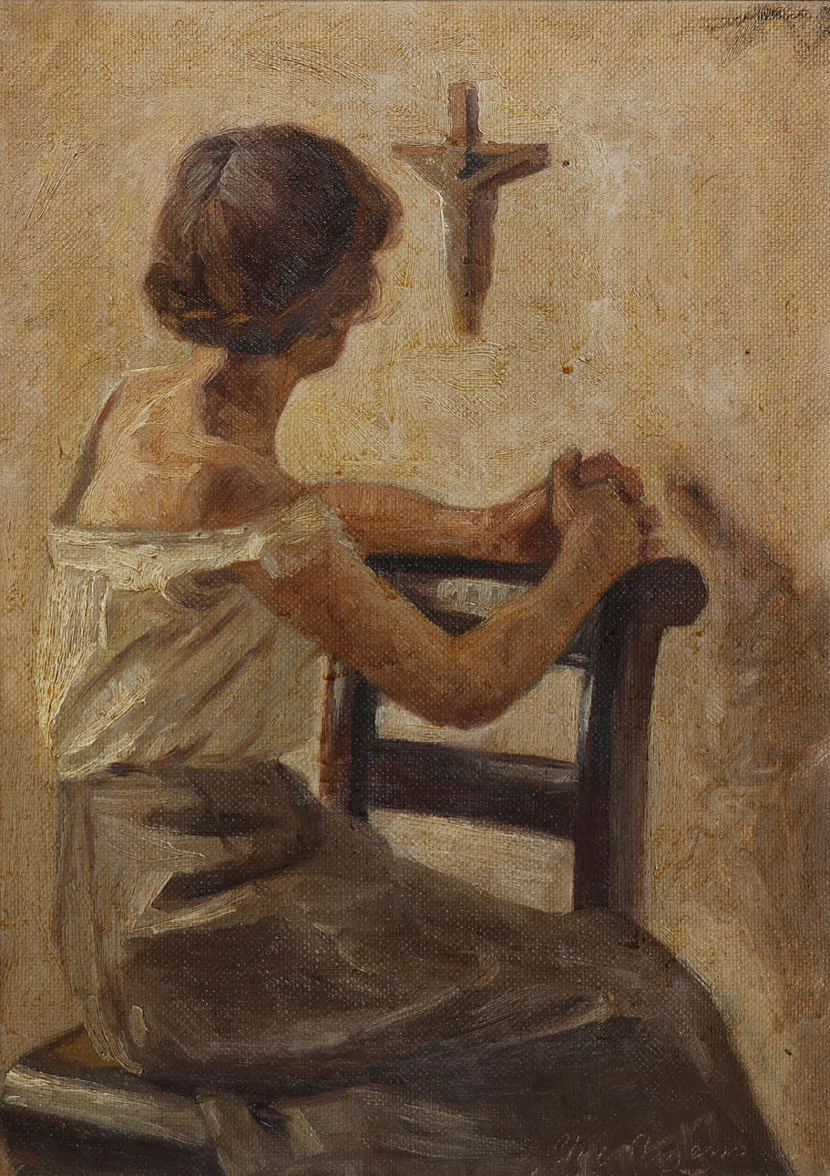 CHRISTIAN AIGENS (1870-1940). Motif with woman facing back, oil on canvas, signed.