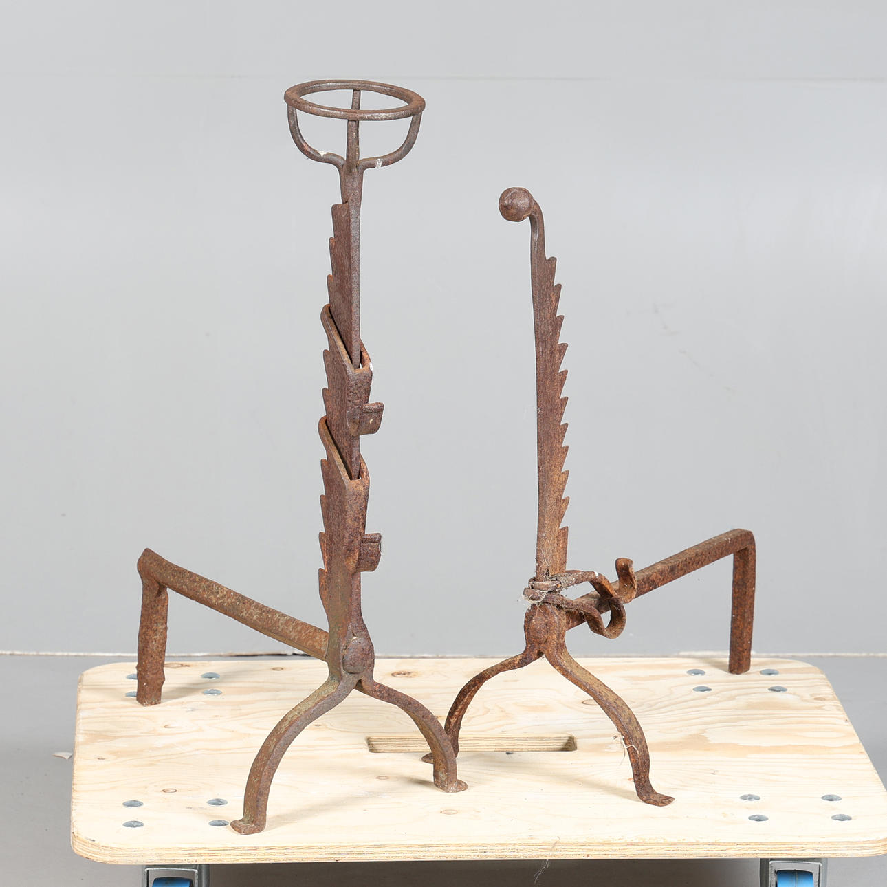 TWO 19TH CENTURY WROUGHT IRON ANDIRONS (2).