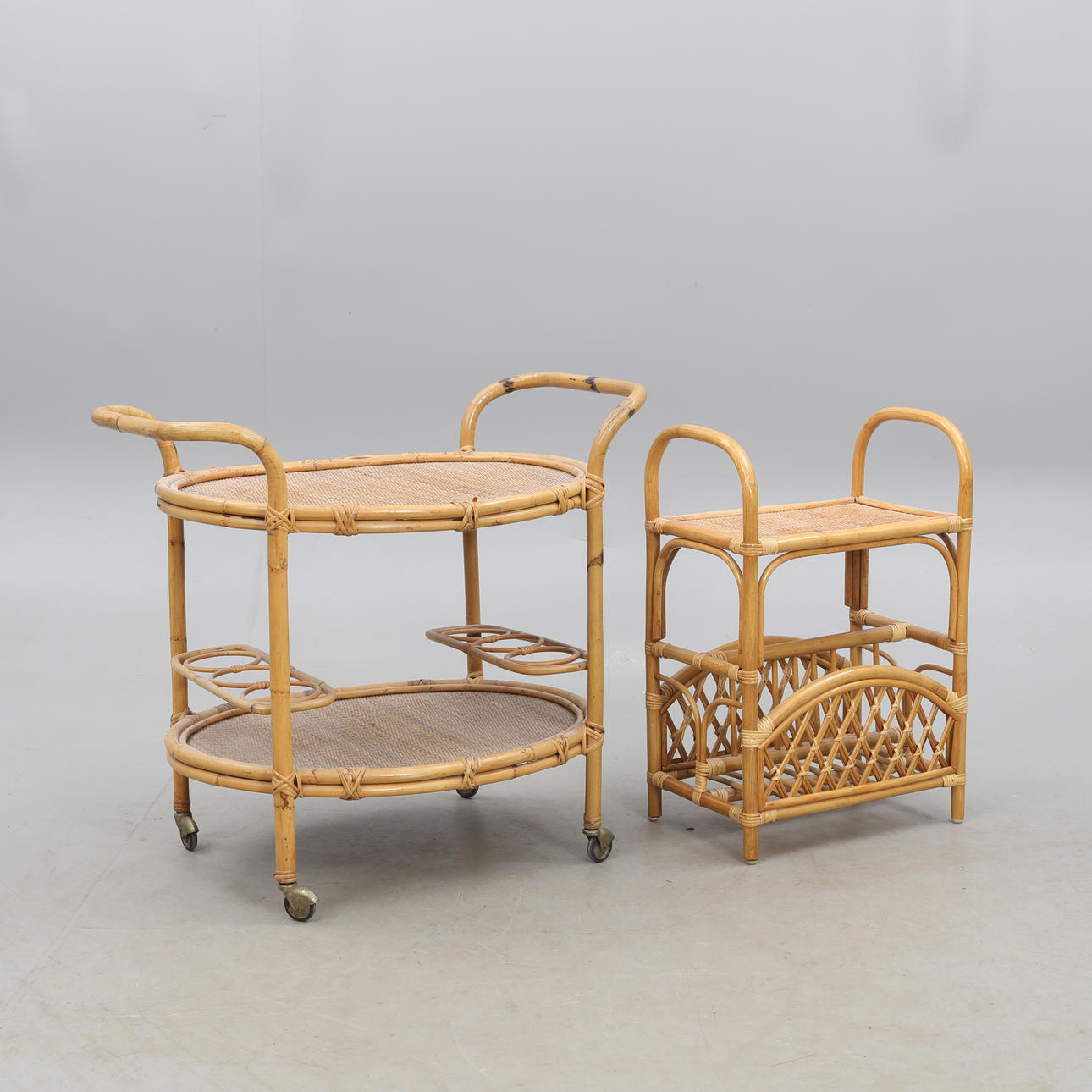 BAR/SERVING TROLLEY and magazine rack, bamboo.