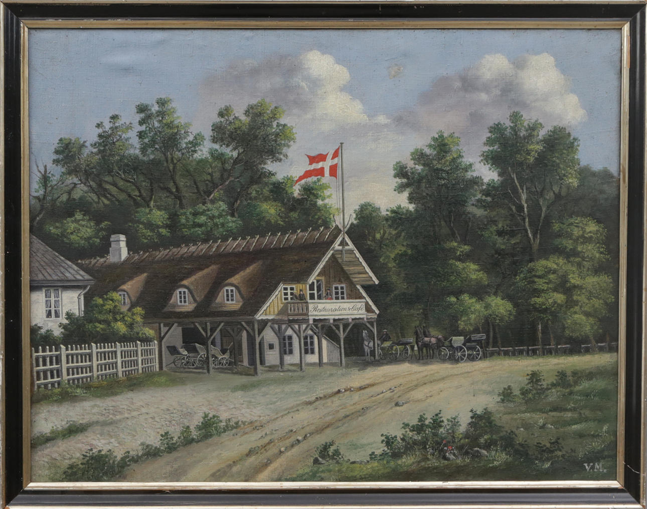 OIL, on canvas, Farm environment with Restauration and Café, signed V.M. Probably 19th century.