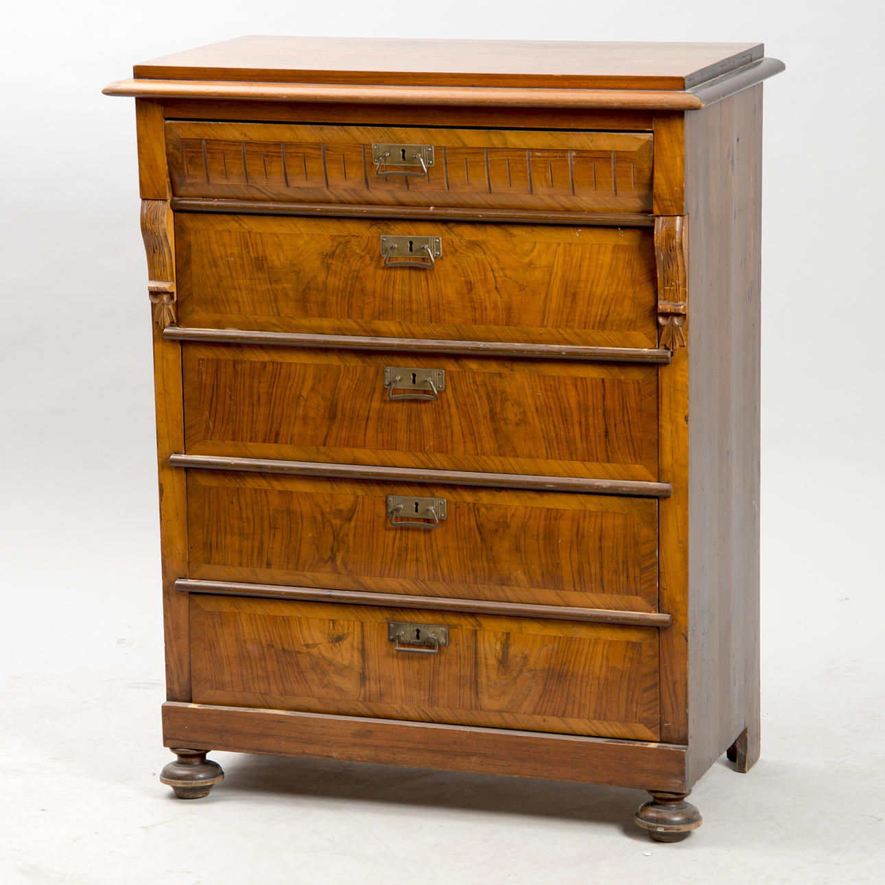 BYRÅ, 5-lådig, mahogny/fur, nyrenässans.