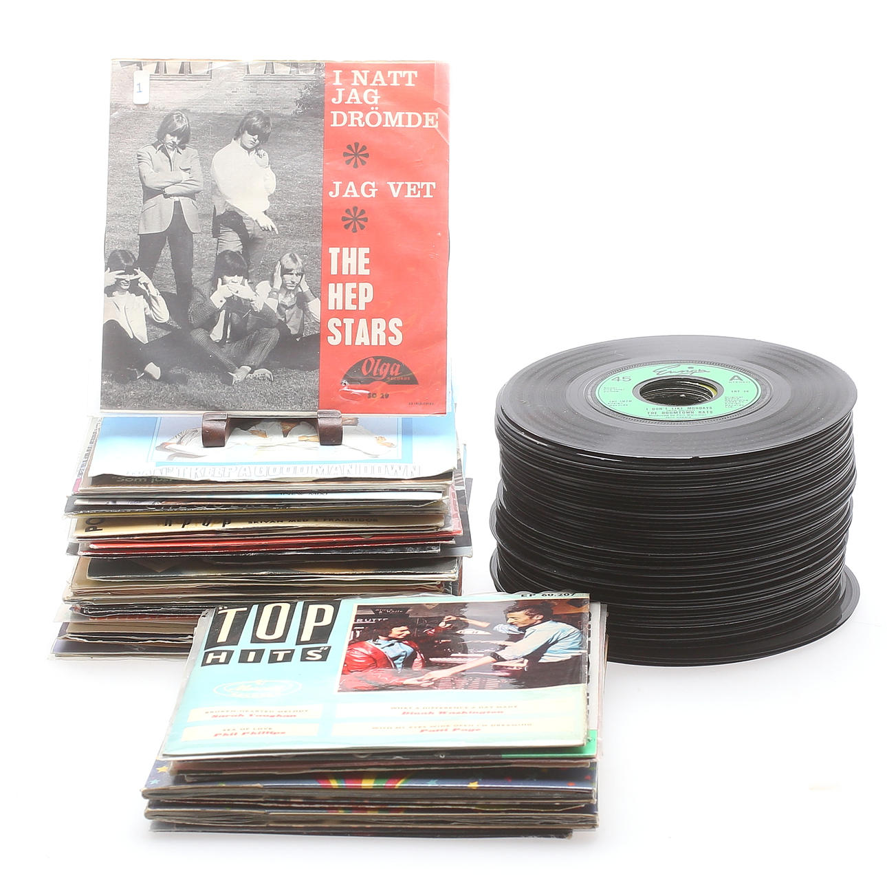 PARTI VINYLSKIVOR,ca 50 st, samt 50 st utan fodral, singlar, 1960/70/80-tal.