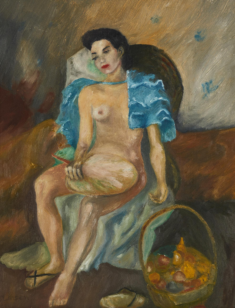 OLOF LARSÉN (Harrogate 1907-1998 Lövestads församling.) Kvinna med solfjäder, signerad O Larsén, olja på pannå.