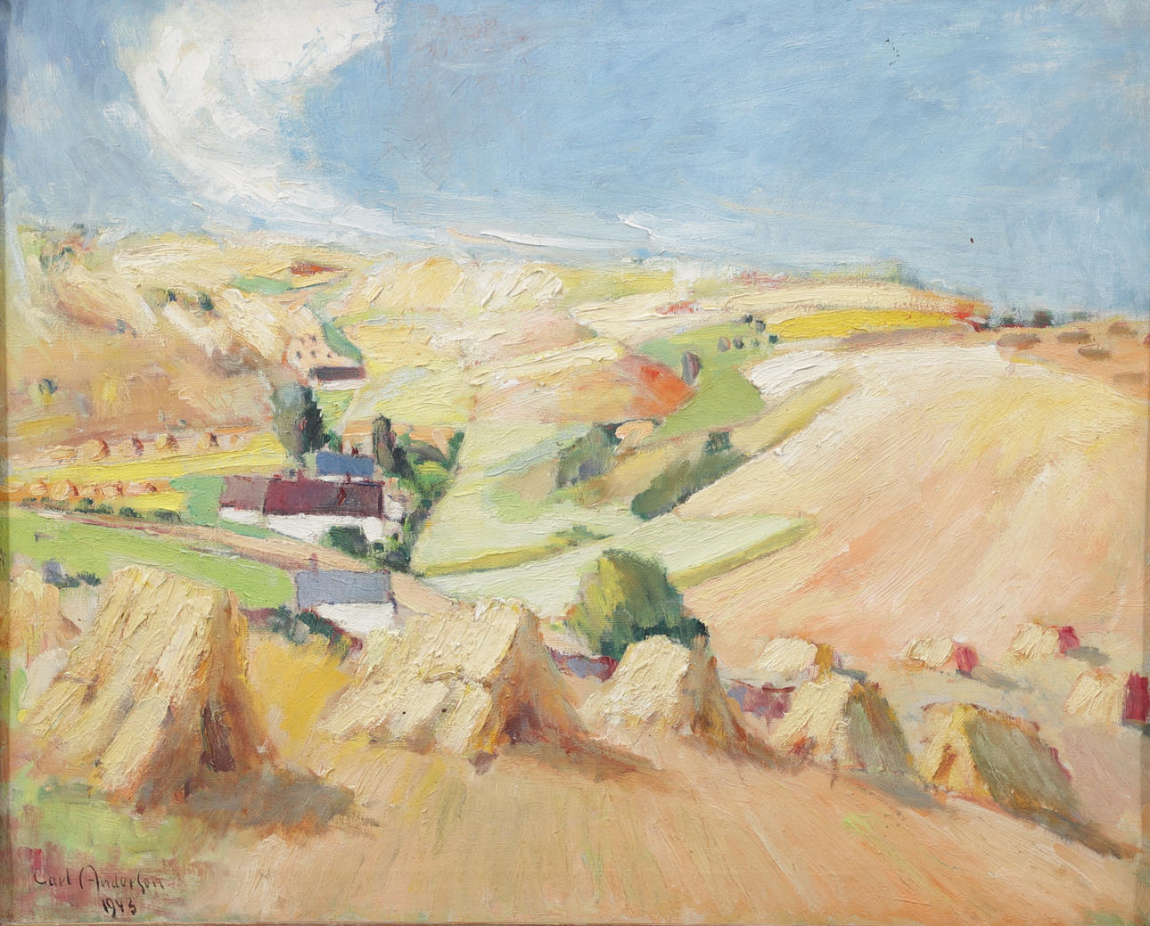 CARL ANDERSON. Landscape with hay oaks, oil on canvas, signed and dated 1943.