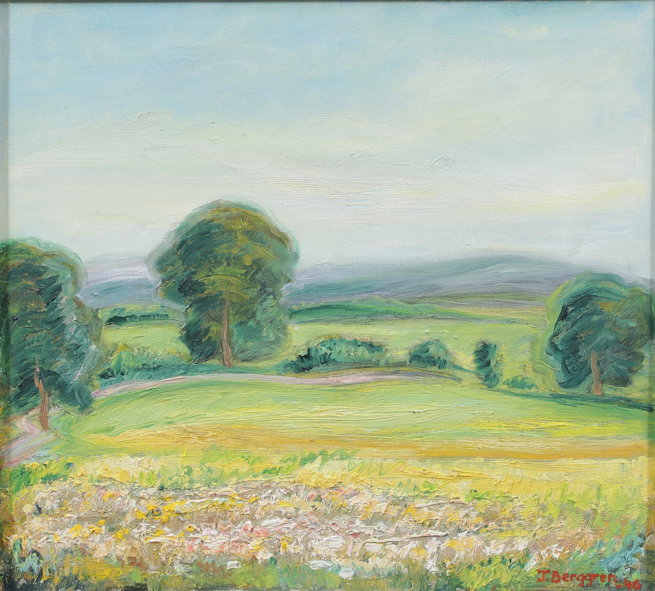 OIDENTIFIERAD KONSTNÄR. “Wildflowers in fields”, oil on canvas, signed T. Berggren and dated 46.
