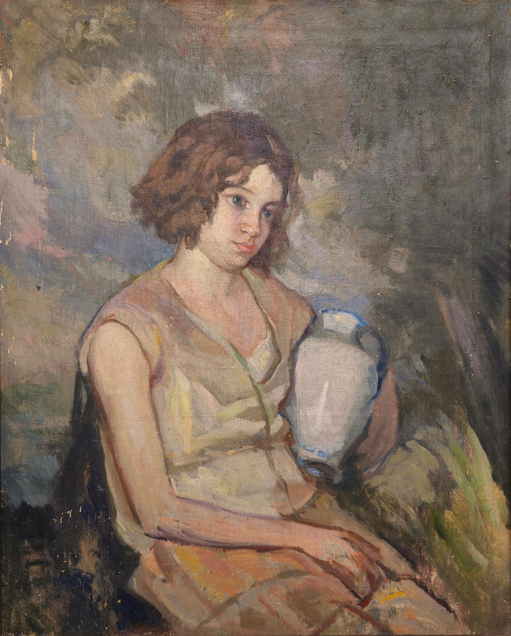 NIÑA CON BOTIJO. ÓLEO SOBRE LIENZO. ANÓNIMO.