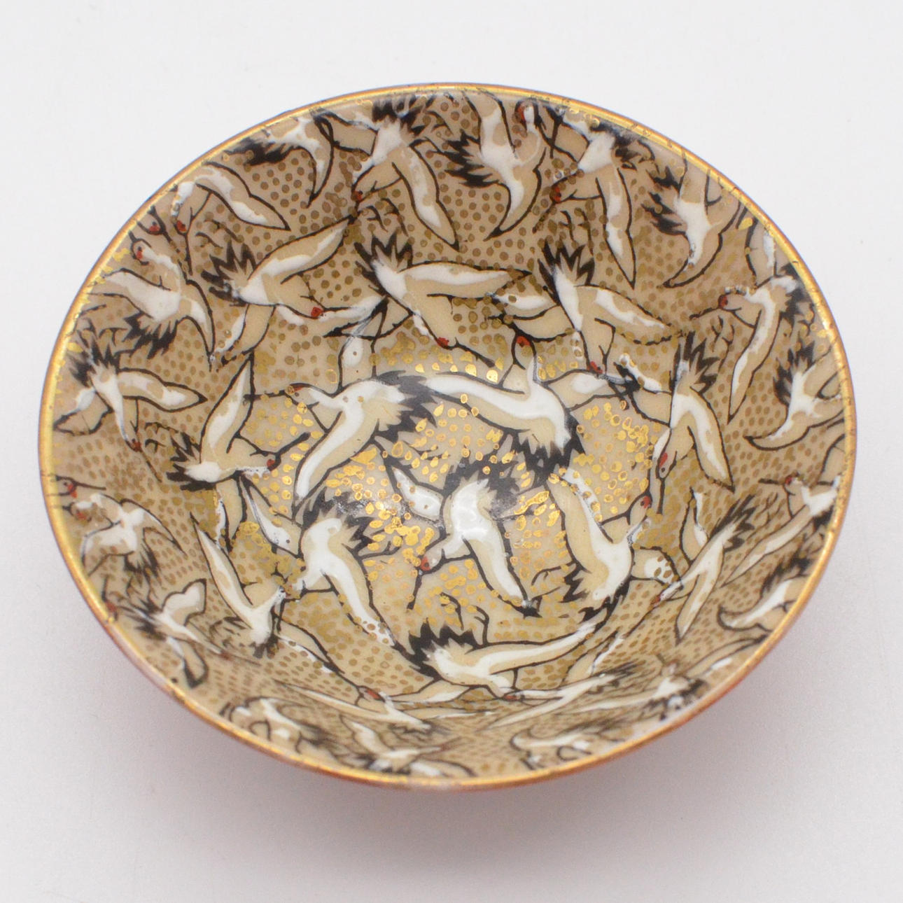 ANTIQUE KOPCHEN FROM JAPAN, CRANE PATTERNS & GEOMETRIC PATTERNS, PORCELAIN, GOLD PAINTING, HAND PAINTED, AROUND 1920.