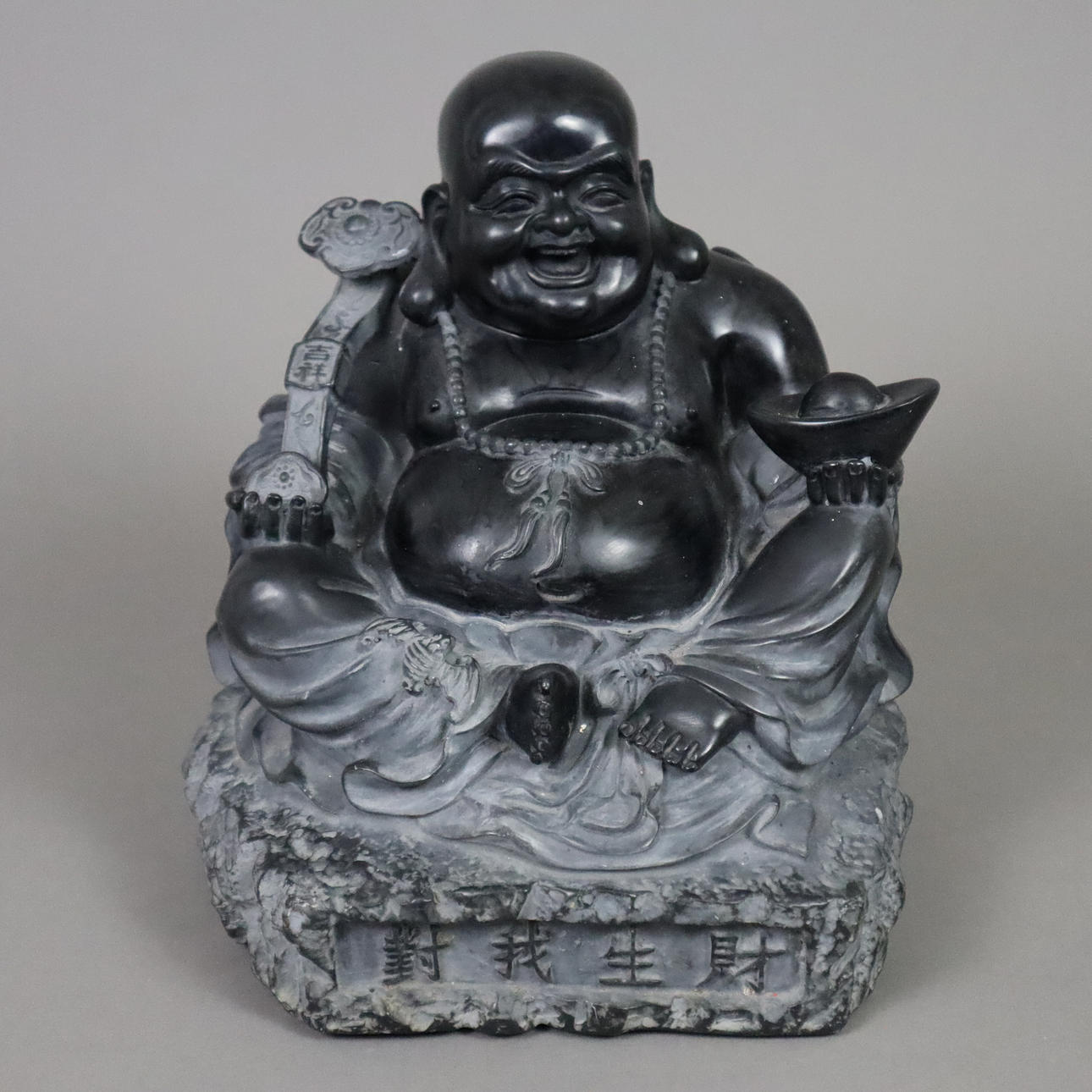 - BUDAI - 20. Jh., Massefigur und schwarzer Lack.