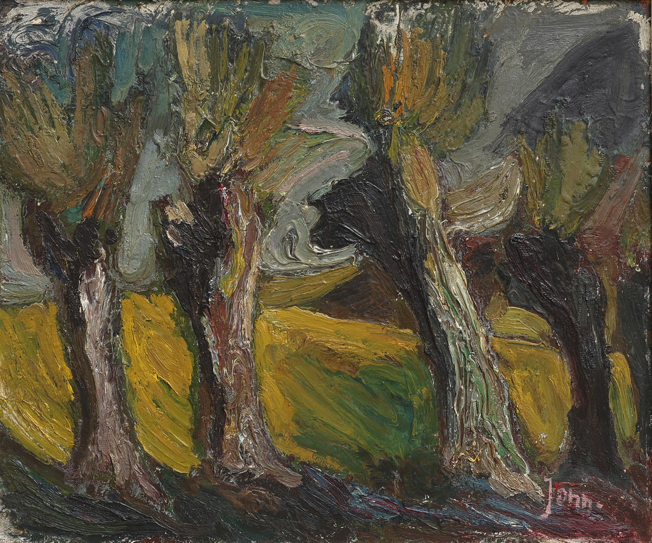 GUNNAR JONN. OIL ON PANEL, FOREST MOTIF, SIGNED.