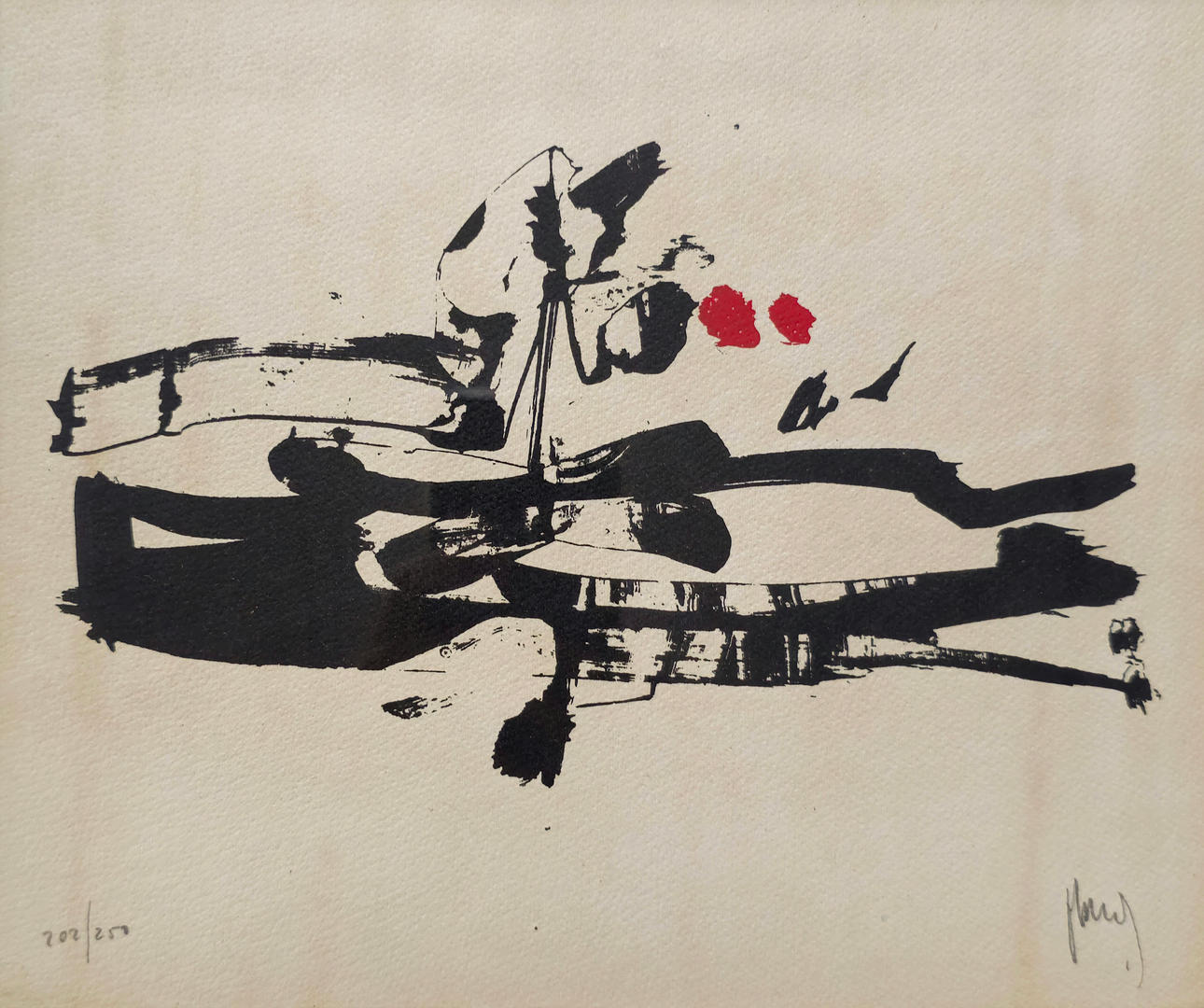 LITHOGRAPHY. RED AND BLACK ABSTRACTION. SIGNED AND JUSTIFIED IN PENCIL 202/250.