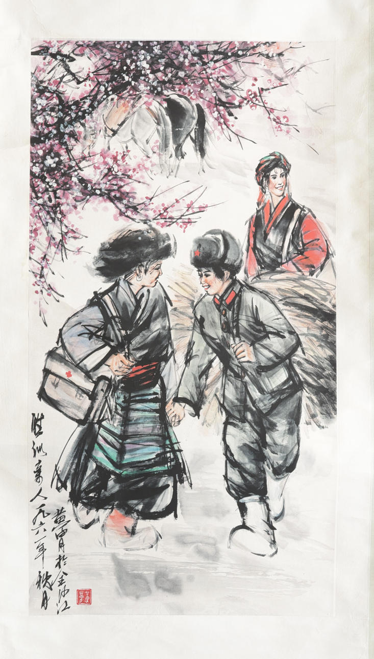 Two Chinese scrolls, mounted on wooden scroll. Oriental motif and font characters.