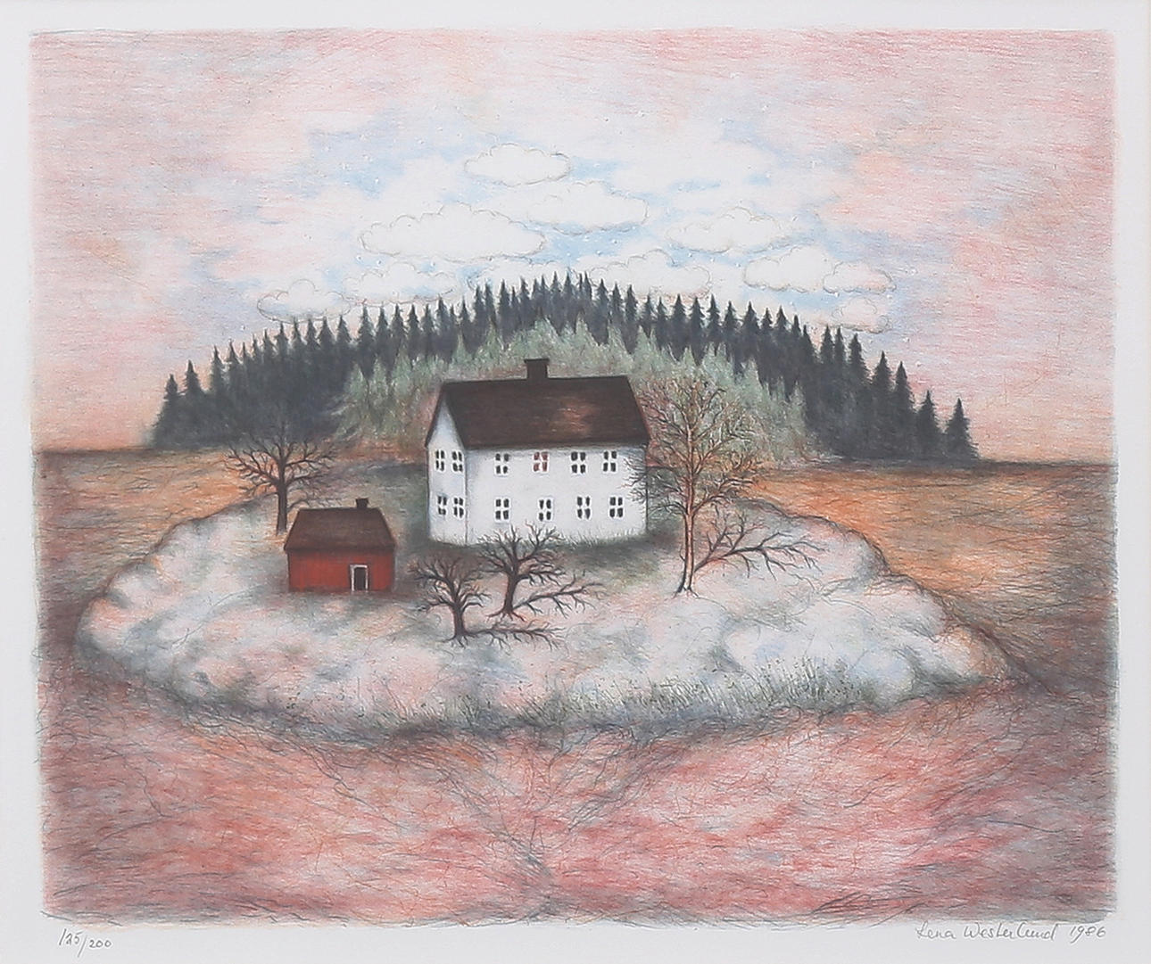 LENA WESTERLUND. Single cabin. Lithograph in colours, signed and numbered 125/200, dated 1986.