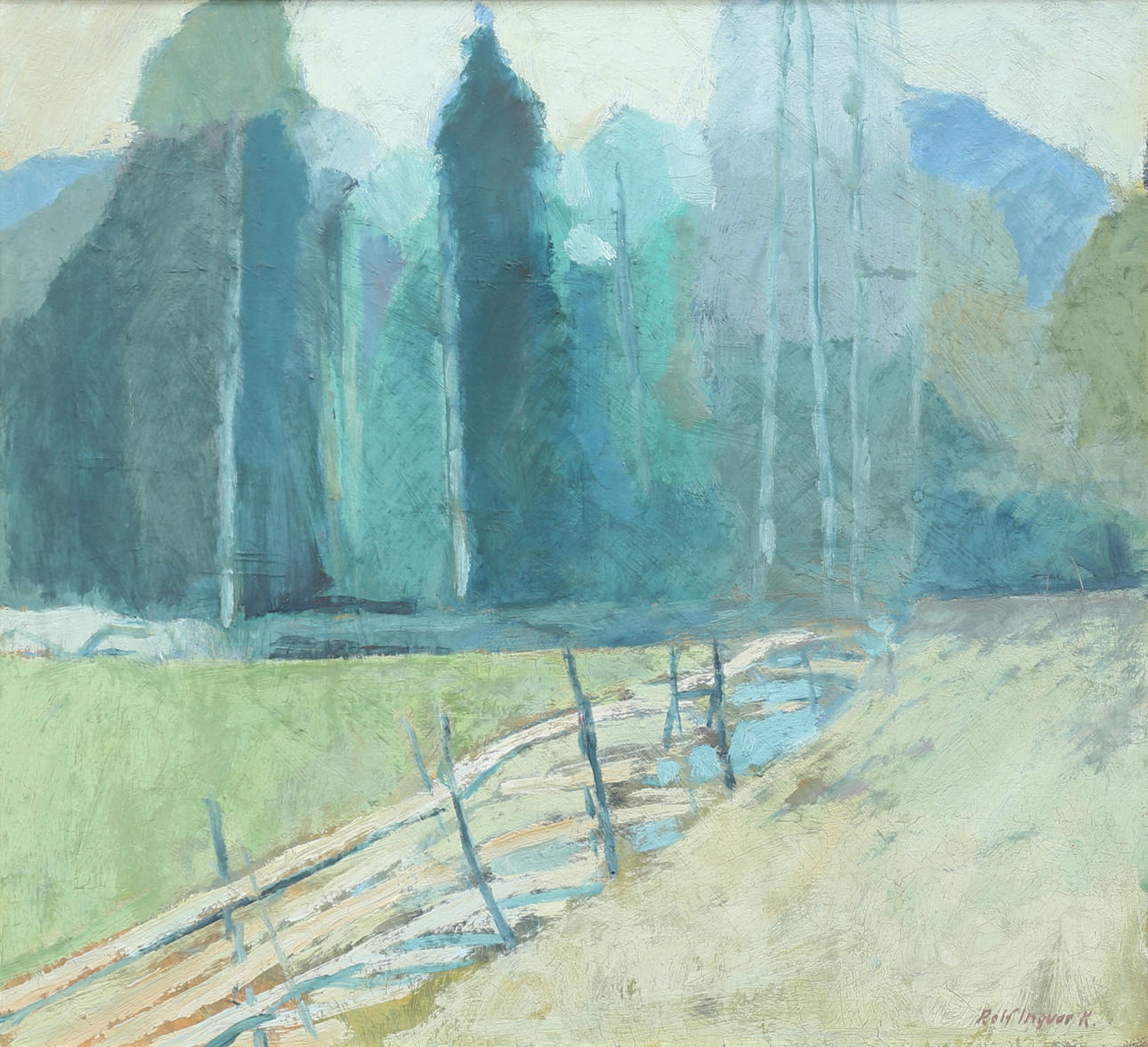 ROLF INGVAR KARLSSON. “Fields by forest”. Oil on canvas, signed.
