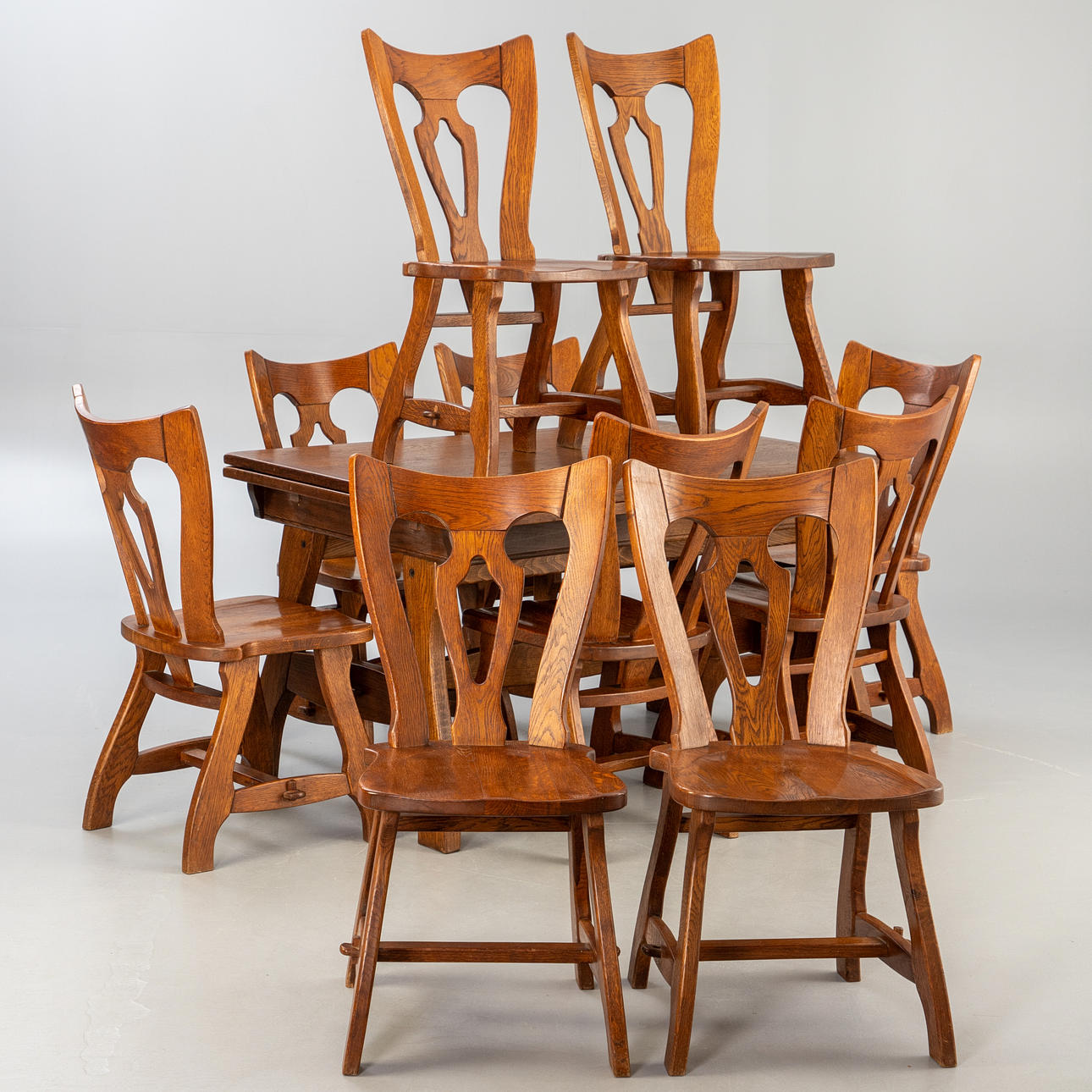 dining set. 10 chairs + dining table, “brutalist”, 1970s, 11 pcs.
