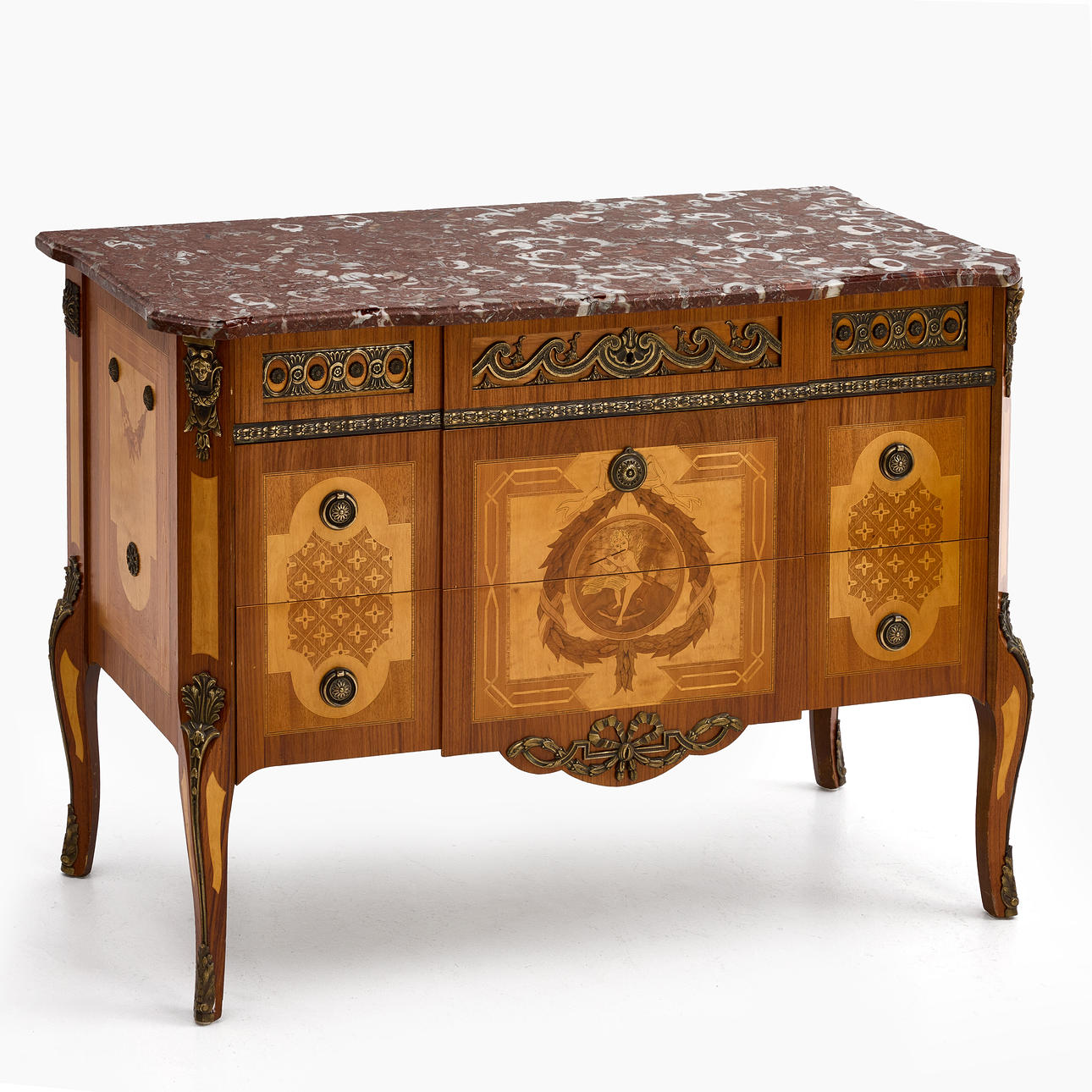 Chest of drawers, Haupt style, with stone top, brass fittings and intarsia, 3-drawer, around the middle of the 20th century.
