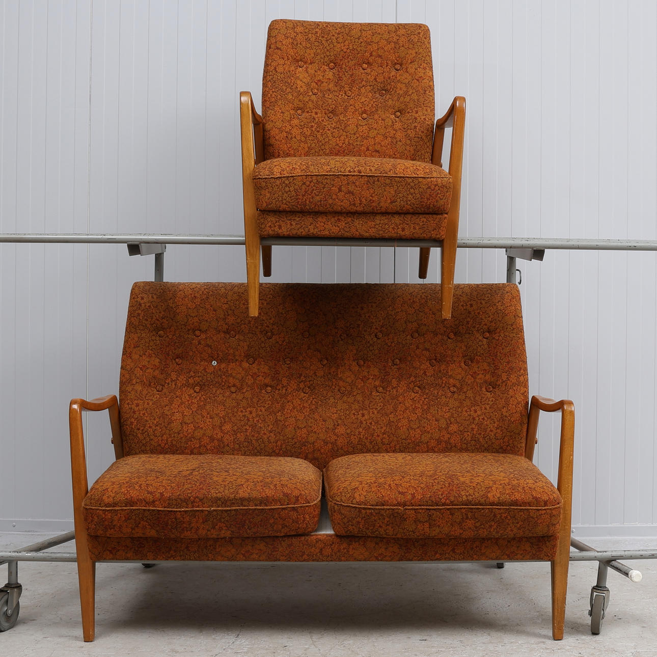 SOFA & ARMCHAIR, textile, 1940s/50s.