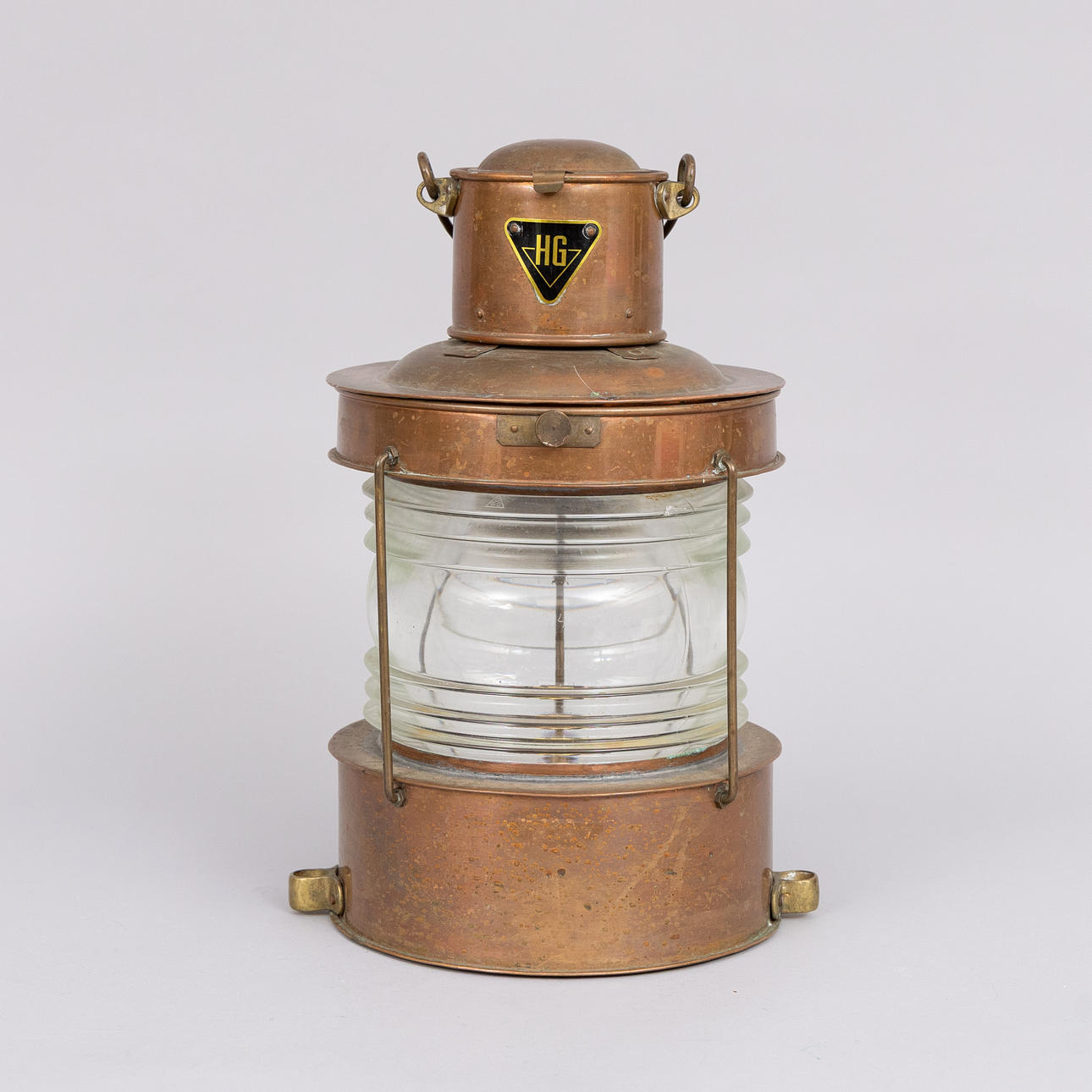 LINTERNA, cobre/vidrio, marcada HG, Herman Gottfrid, Helsingborg.