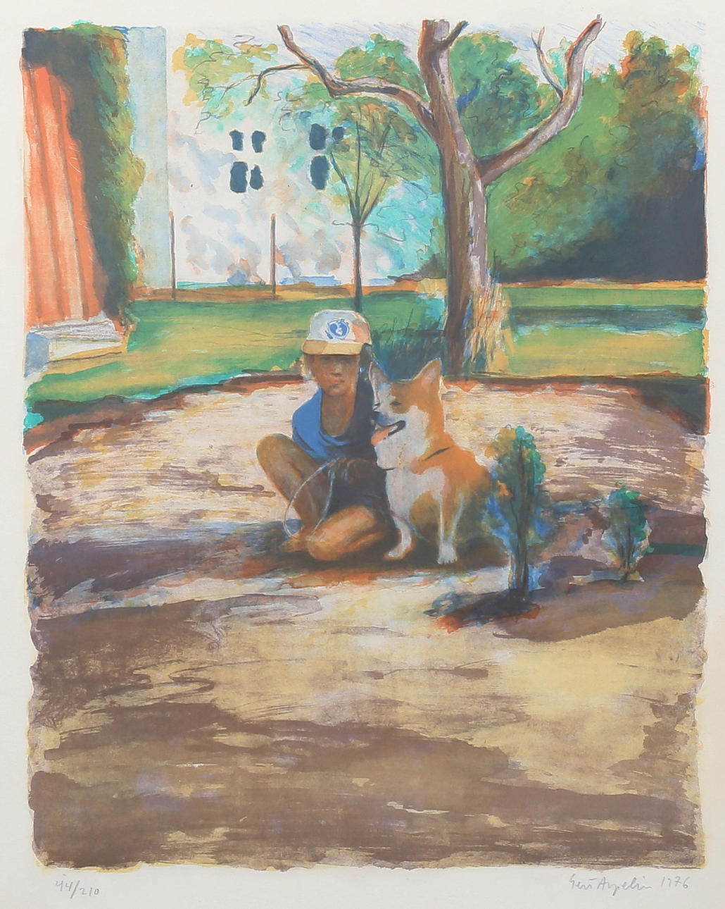 GERT ASPELIN. Boy with dog. Lithograph in colours, signed and numbered 44/210, dated 1976.