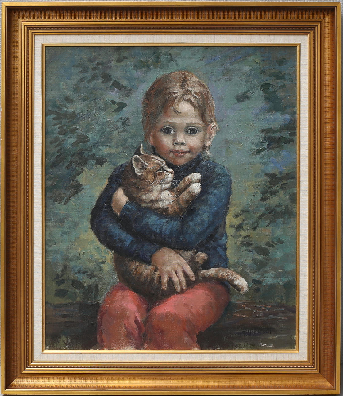 INGA BURSELL. "Karin och katten Tim". Olja på duk, signerad.