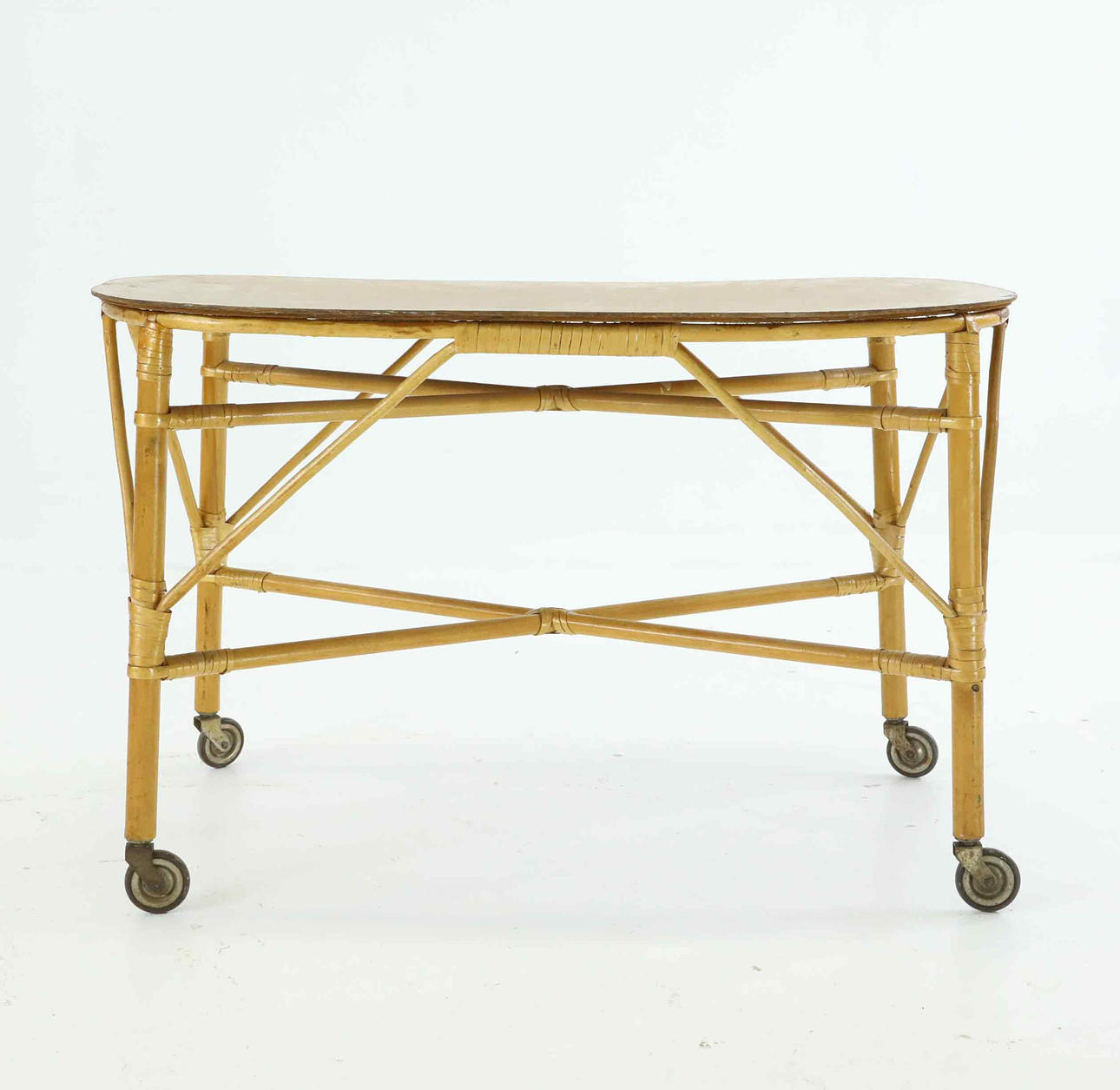 TABLE WITH WHEELS, rattan, bamboo, mid 20th century.