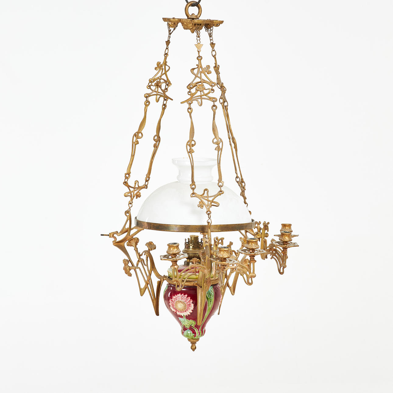 A MAJOLICA CEILING PHOTOGENIC LAMP, Oskarian, circa 1900, frame of painted zinc.
