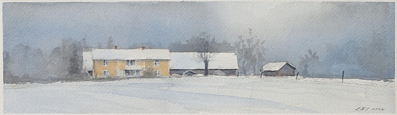 LARS ROLAND JOHANSSON. Vinterlandskap med gård. Akvarell, signerad och daterad 2004.
