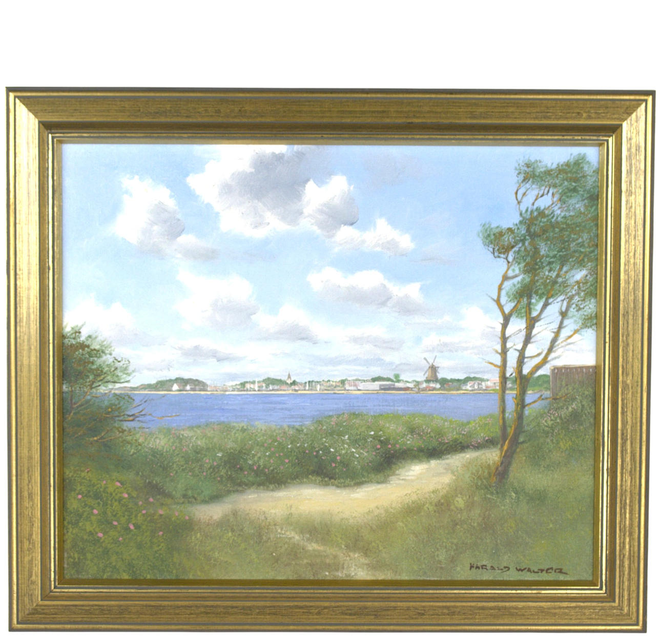 HARALD WALTER. Oil on canvas, city view from beach, signed.