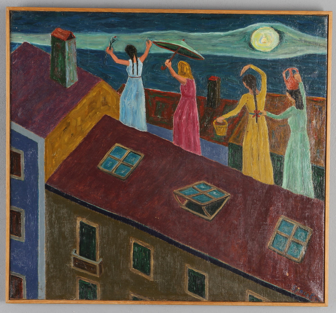 LOJZE SPACAL. Kvinnor på tak, olja på duk, signerad samt daterad -44.