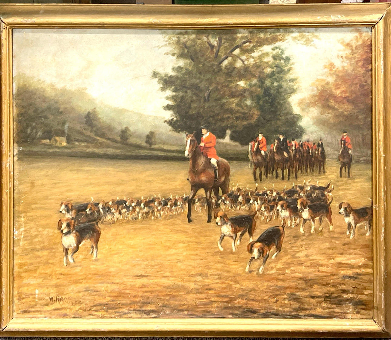 HUNTING SCENE OIL ON BOARD.