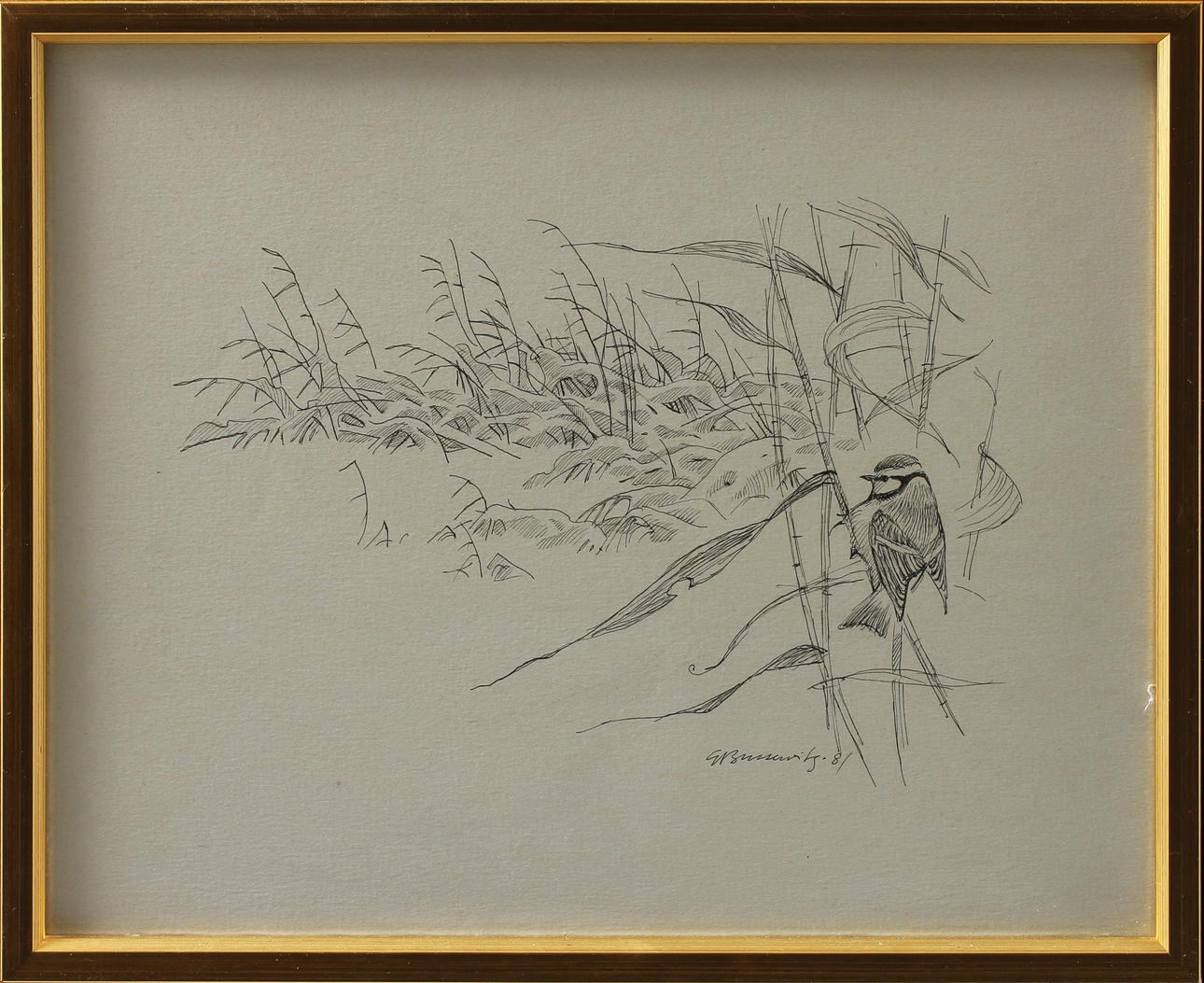 GUNNAR BRUSEWITZ. Fåglar i träd. Tuschteckningar, 2 st, signerade och en daterad -81.