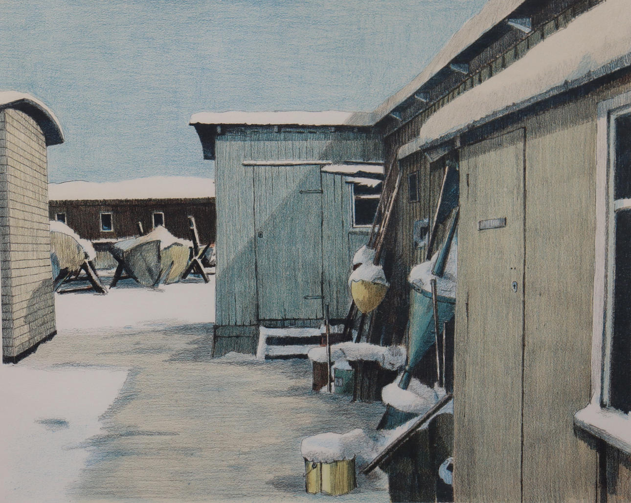 STIG WERNHEDEN. EFTER. litografi, vinterdag ved fiskeskur.