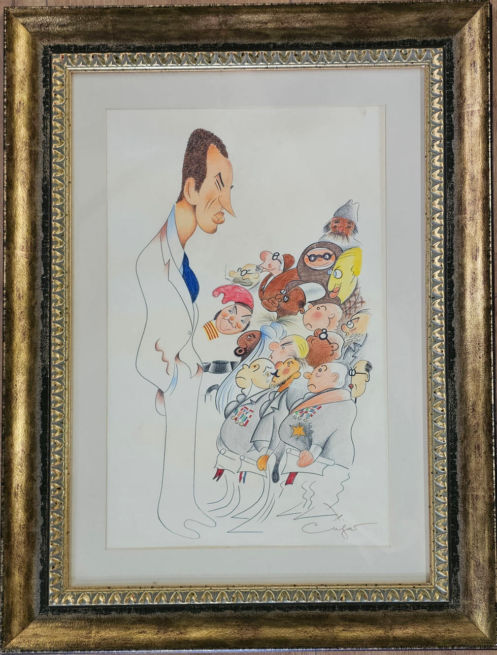 XAVIER CUGAT. "el rey Juan Carlos I y su corte" dibujo a color.