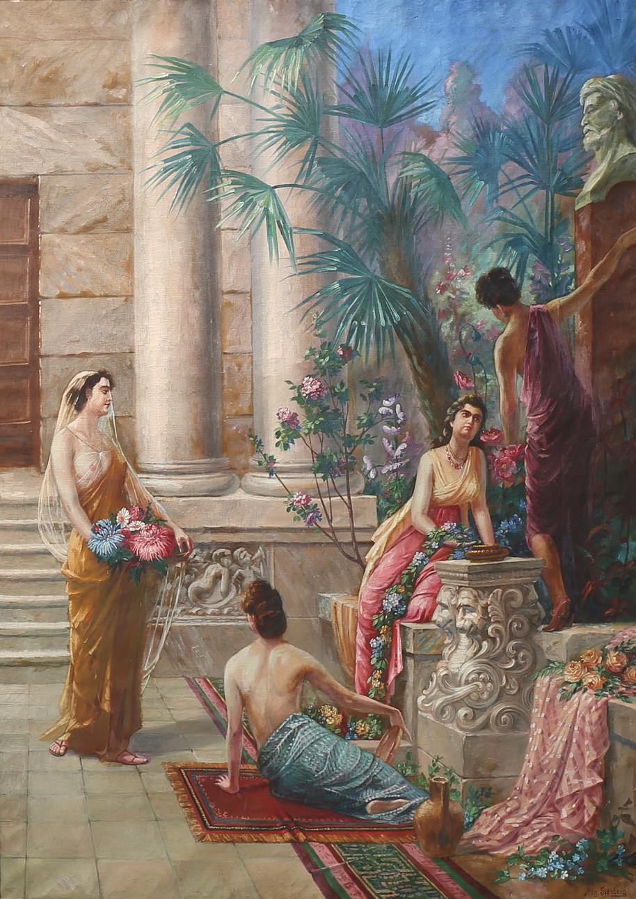 AUGUST HERIBERT STENBERG. Kvinnor vid palats. Olja på duk, signerad Aug. Stenberg.